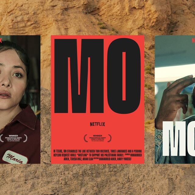 24B-40e_Mo Visual Identity: Three movie posters for "MO" on a rocky background. Left: Woman in a red shirt. Center: Bold letters "MO" on red. Right: Man touching his temples, smiling slightly. Netflix logo above each_Nermin Moufti/Kristin Lueke