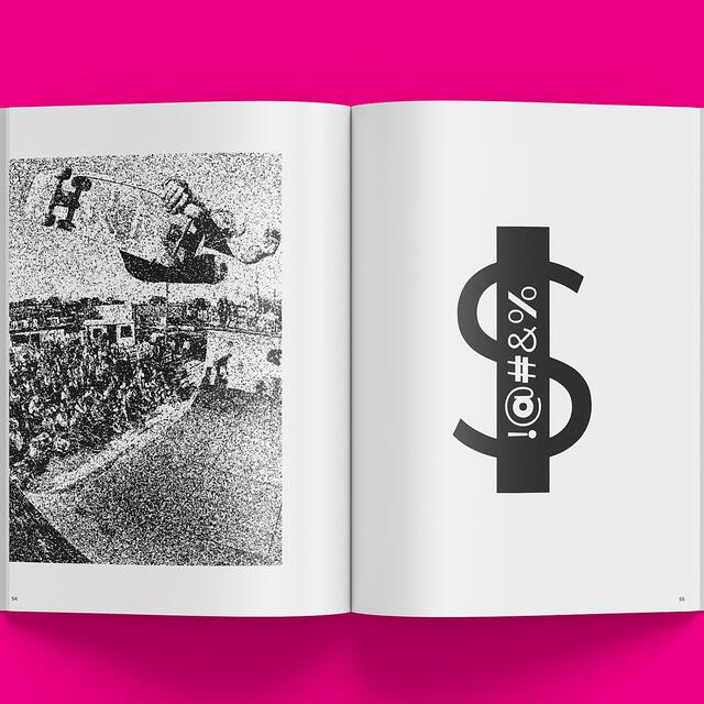 25B-11d_/v: Magazine — Issue 1 - Open book on a hot pink background. Left page shows a black and white grainy photograph of a skateboarder in mid-air above a crowd. Right page features a large black graphic symbol resembling a dollar sign, with additional abstract symbols inside_Sean Fermoyle